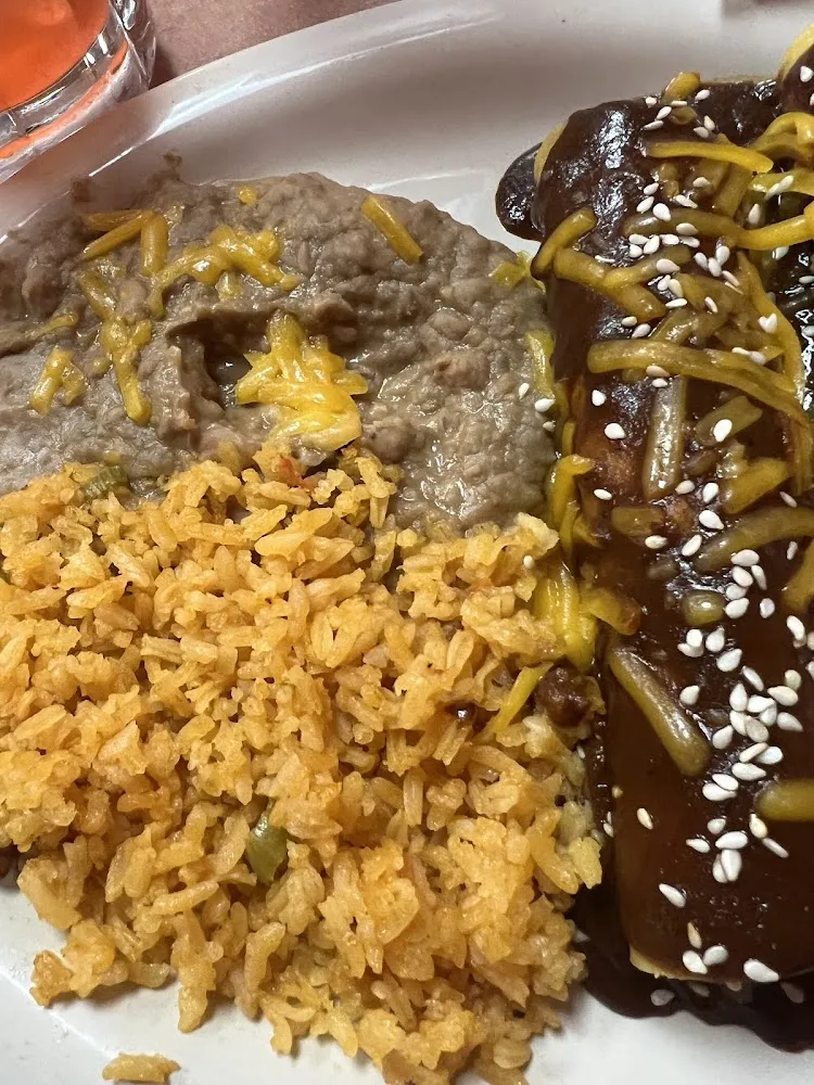 Mole Enchiladas with Rice and Beans